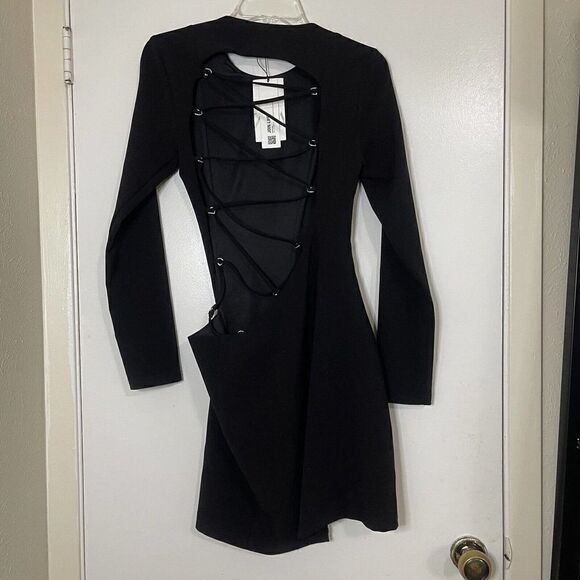 NEW! ZARA black long sleeve lace up asymmetrical mini dress size Small - Picture 4 of 7